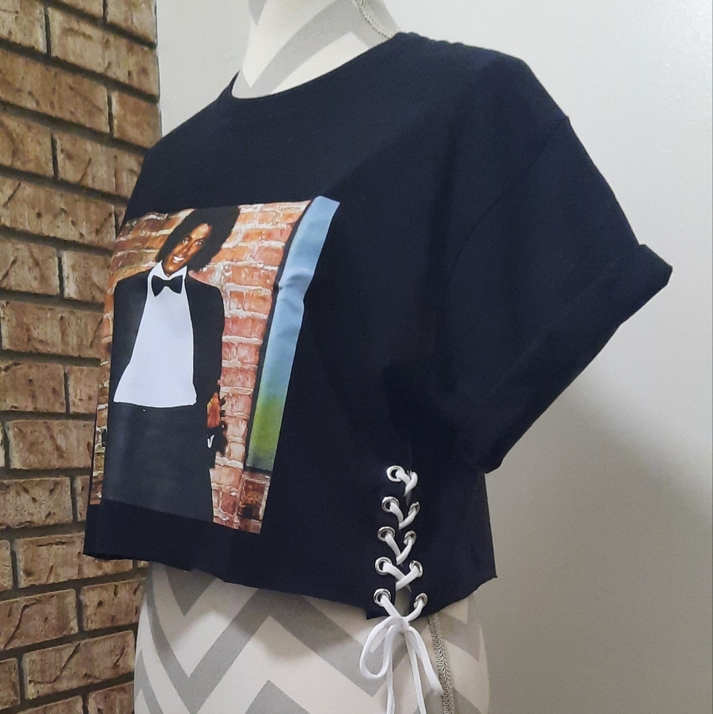 Black Graphic Crop Top with Lace-Up Sides - Picture 2 of 6